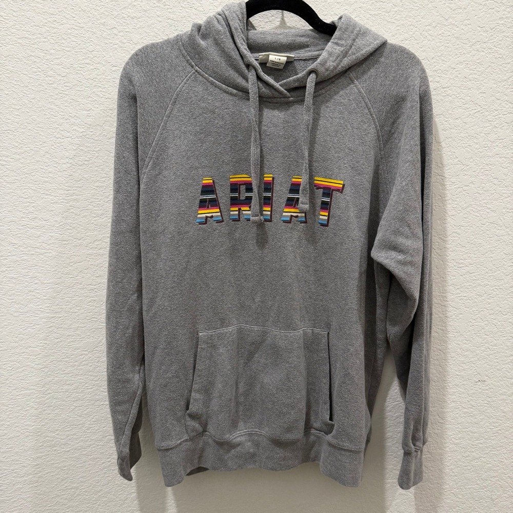 Ariat Real Mens Heather Gray Striped Logo Pullover Hoodie Size Large